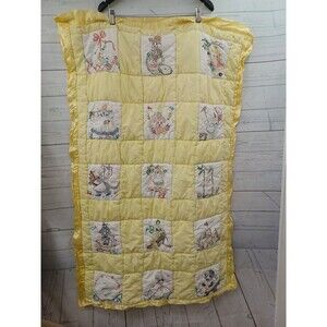 Vtg 70's Quilted Baby Crib Quilt Yellow Animals Embroidery Unisex 48x30